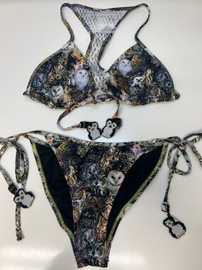 Agua Bendita Owl Print Tie-Side Bikini - Black/Multi